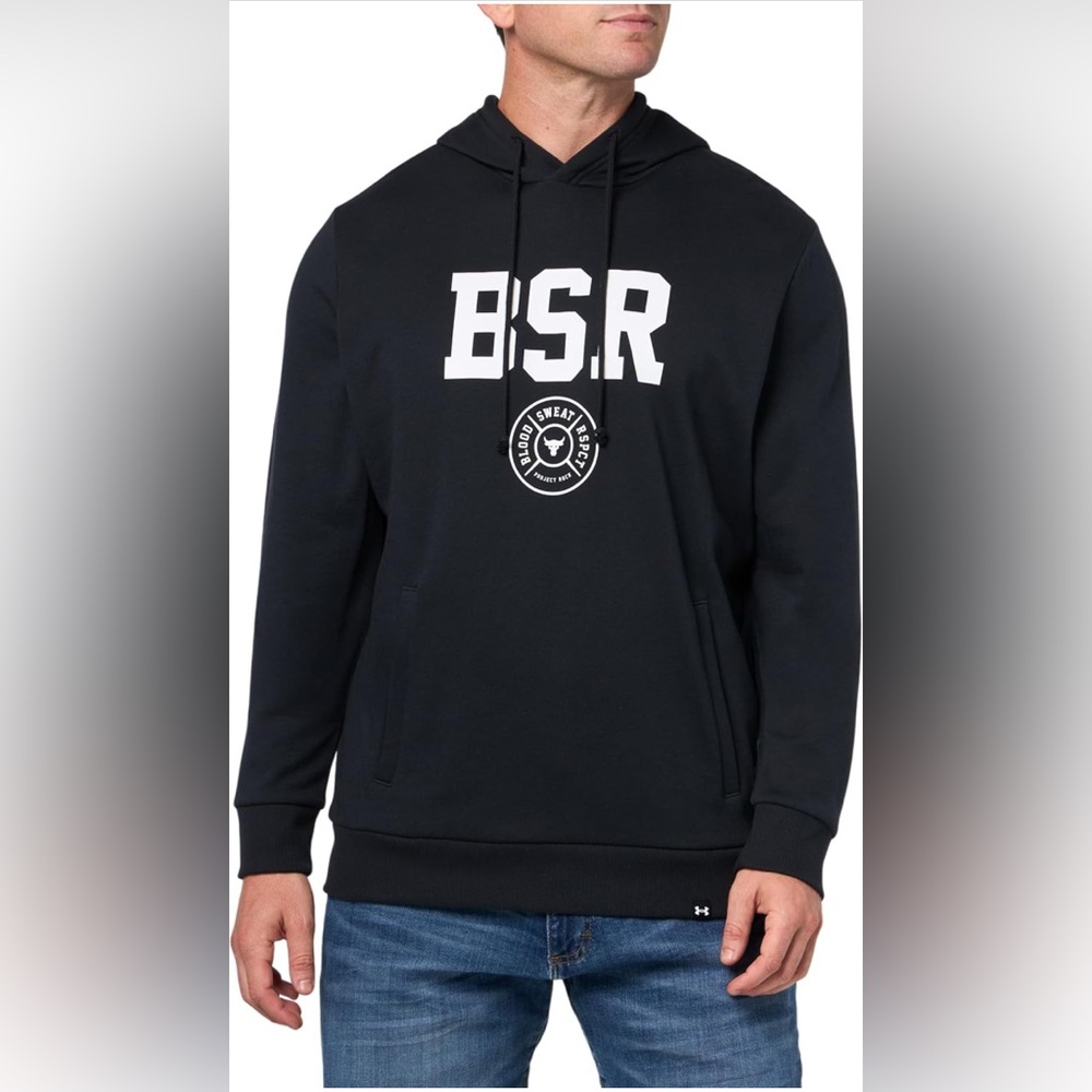 NWT Men's Under Armour Project Rock Black/White Rival Fleece Hoodie Size XL